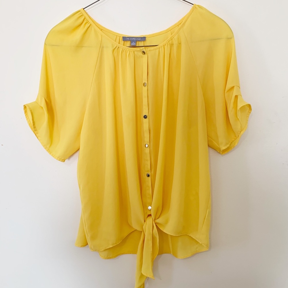 NY Collection Yellow Tie Front Blouse XL Button Up